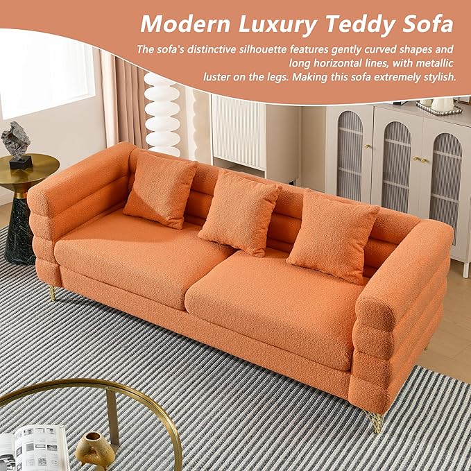 mikibama Modern Teddy Sectional Sofa, 81 Inch Oversized Sofa Couch, Luxury 3 Seater Deep Couch with 3 Pillows and Gold Metal Legs for Living Room, Bedroom, Apartment (Orange)