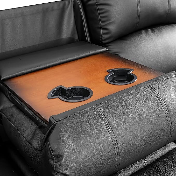 SIENWIEY Manual Leather Recliner Sectional Sofa for Living Room,L Shaped Reclining Sectional Corner Couch,Black Leather Recliner Sofa Set with Storage Console/Drop Down Coffee Table/Cup Holders