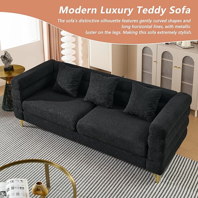 mikibama Modern Teddy Sectional Sofa, 81 Inch Oversized Sofa Couch, Luxury 3 Seater Deep Couch with 3 Pillows and Gold Metal Legs for Living Room, Bedroom, Apartment (Black)