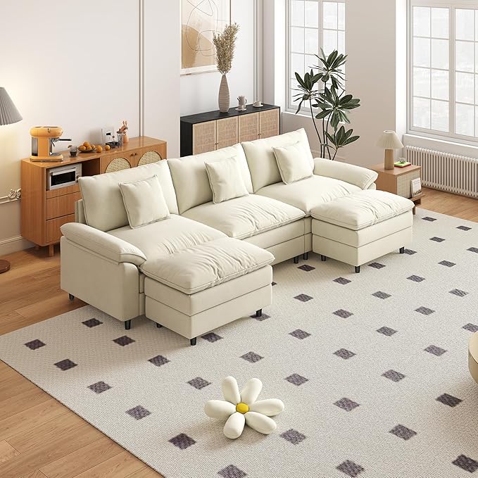Aoowow Modular Sectional Sofa Modern Convertible U Shaped Couch,118.9 Inch Deep 3-Seater Sofas Set Comfy Chenille Cloud Sofas and Couches with Movable Ottoman for Living Room Apartment(Beige)