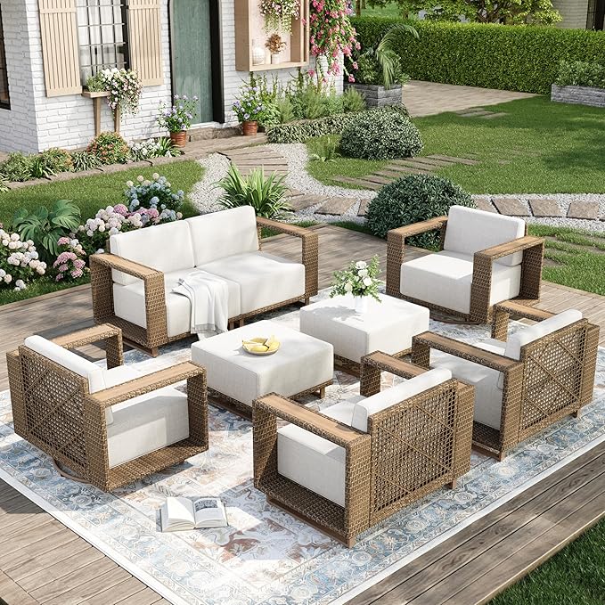 MIXPATIO Outdoor Patio Furniture Set, 8 Piece Outdoor Rattan Wicker Couch, Conversation Sets with 2 Swivel Sofas, 2 Leg Sofa, 2 Armchairs and 2 Ottomans for Deck Backyard Lawn