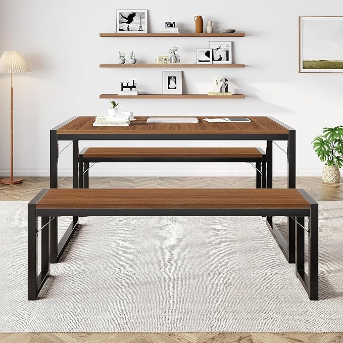 IMUsee 3PC 47.2" Dining Table Set for 4 with Benches, Heavy Duty Metal Frame, Small Space Saving Kitchen Dinette, Wood Board and Black Legs