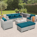 WAROOM Patio Furniture Set 6 Piece Outdoor Patio Set Grey Wicker Balcony Furniture Conversation Sets PE Rattan Couch Sofa with Coffee Table, Peacock Blue Cushion